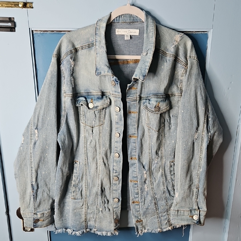 Cato Women's Distressed Denim Jacket Spotted Reverse Bleach Detail XL